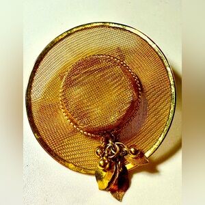 Vintage Gold Mesh Statement Brooch with Leaf and Bead Charms